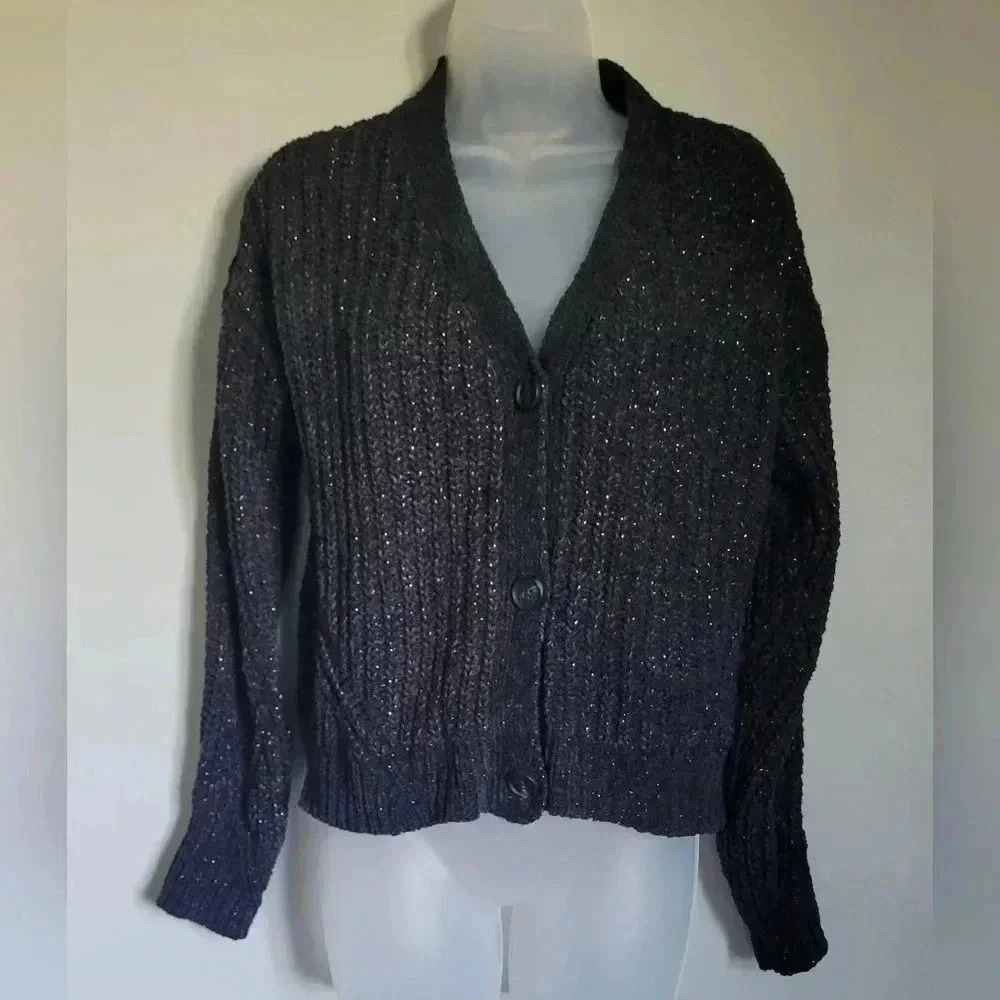NWT Maurices Solid Metallic button-down cardigan, Black, Womens oversided XS - Picture 2 of 11